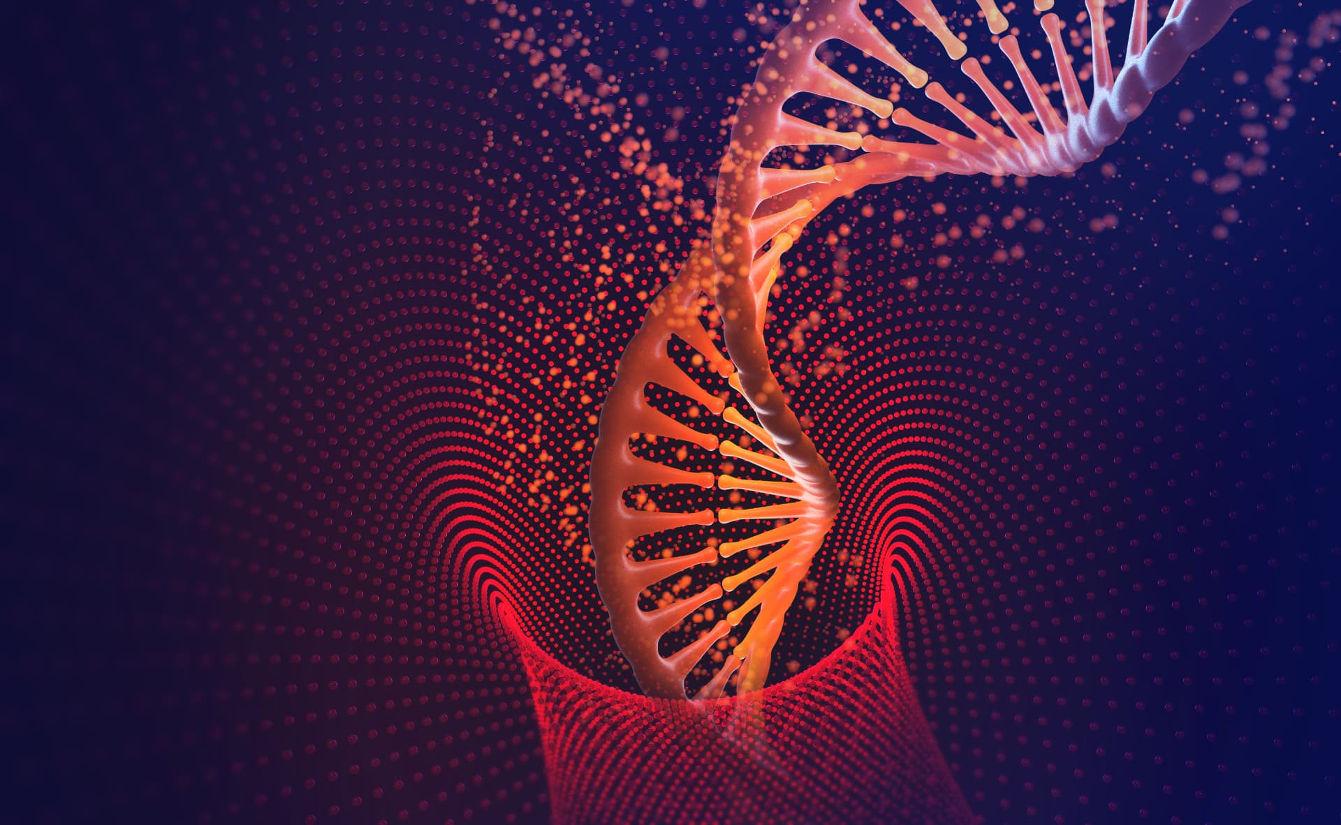 Rappresentazione digitale di una doppia elica in rosso e blu, metafora dei dati e dell'intelligenza artificiale